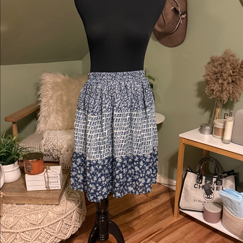 Floral Tiered Blue Patchwork Skirt